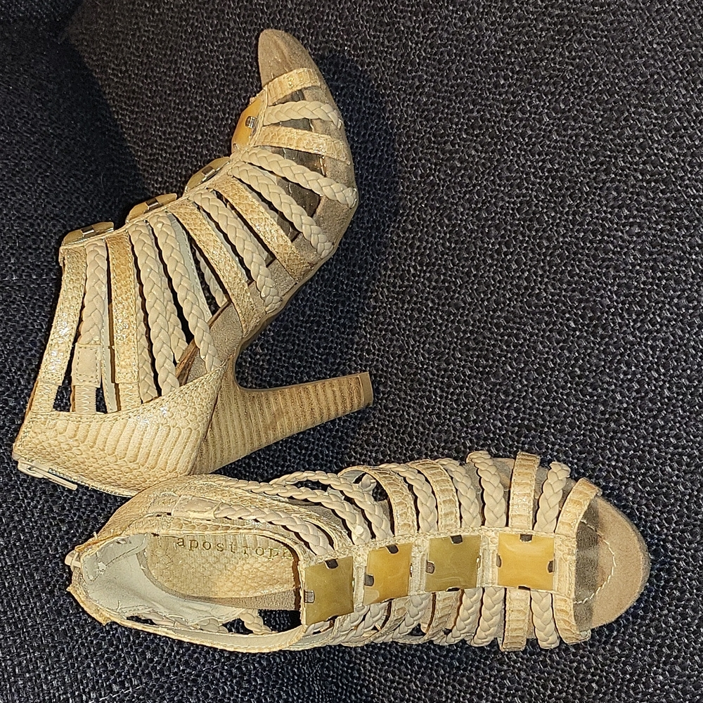 Apostrophe Sand Strappy & Braided Heels with Green Stones